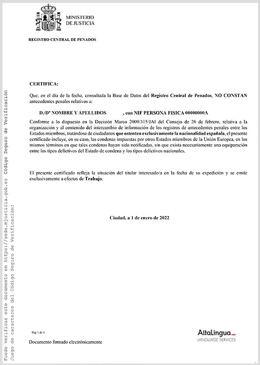 Ejemplo de Certificado de Antecedentes Penales